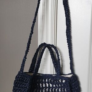 Navy Blue Woven Shoulder Bag